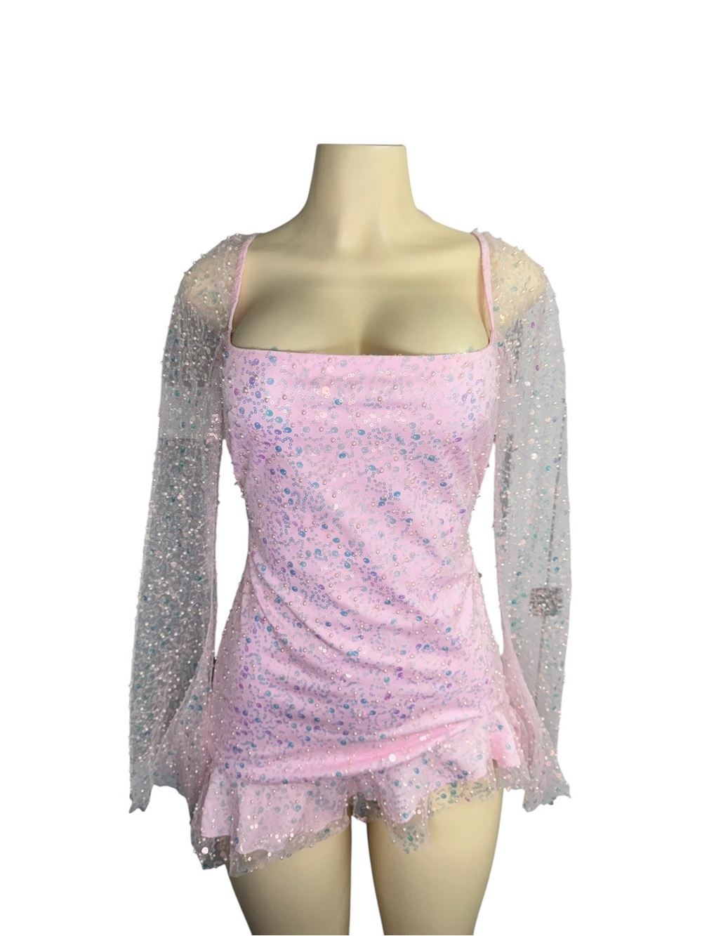 Sequin Flare Long Sleeve Dress in Pink. - Picture 2 of 10